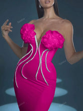 Handmade Elegant Floral Print Decorated, Rhinestoned, Bodycon Mermaid Style, Long Party Dress